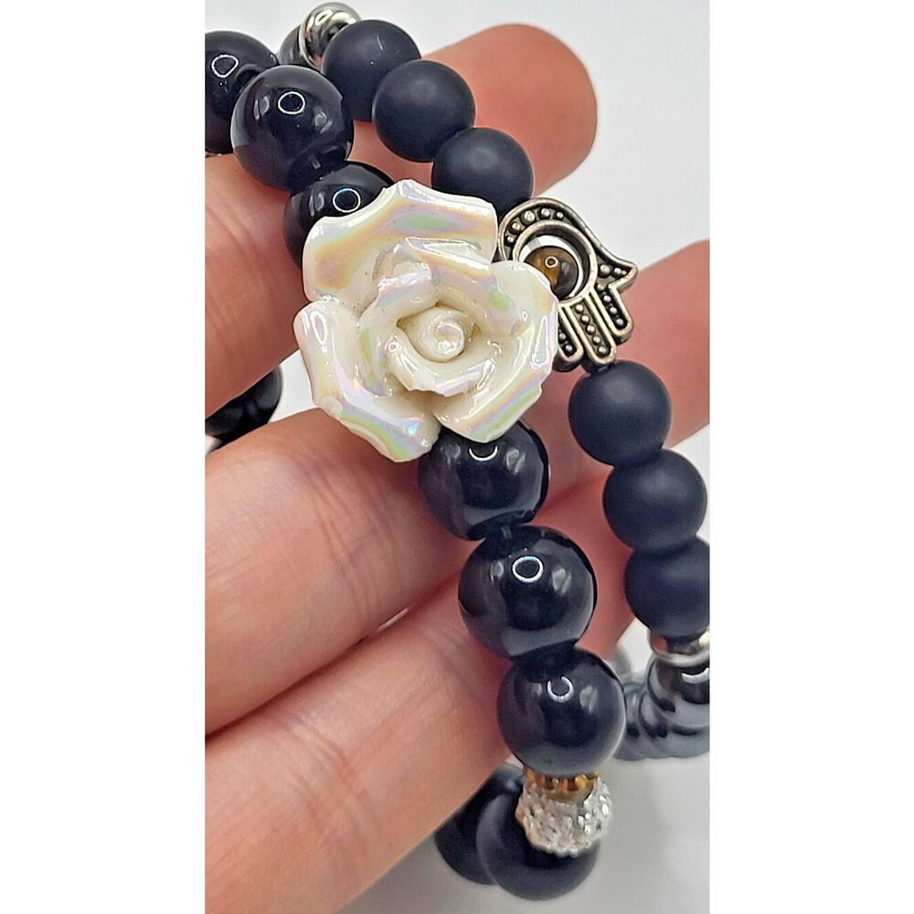 BohemianโSet of 2 Rose Hematite Gothic Bracelet 7in